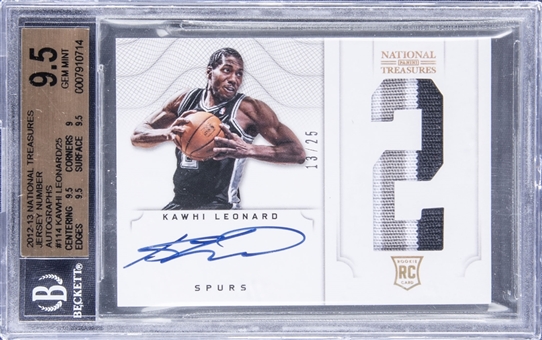 2012-13 Panini National Treasures Jersey Number Patch #114 Kawhi Leonard Signed Rookie Card (#13/25) - BGS GEM MINT 9.5/BGS 10